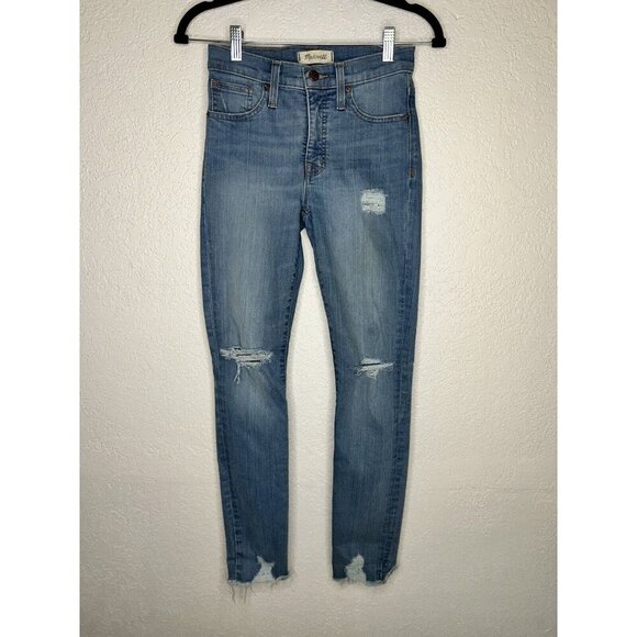 Madewell 9 Inch High Rise Med. Wash Distressed Jeans Size 24” Chewed Hem Raw R - Picture 1 of 5